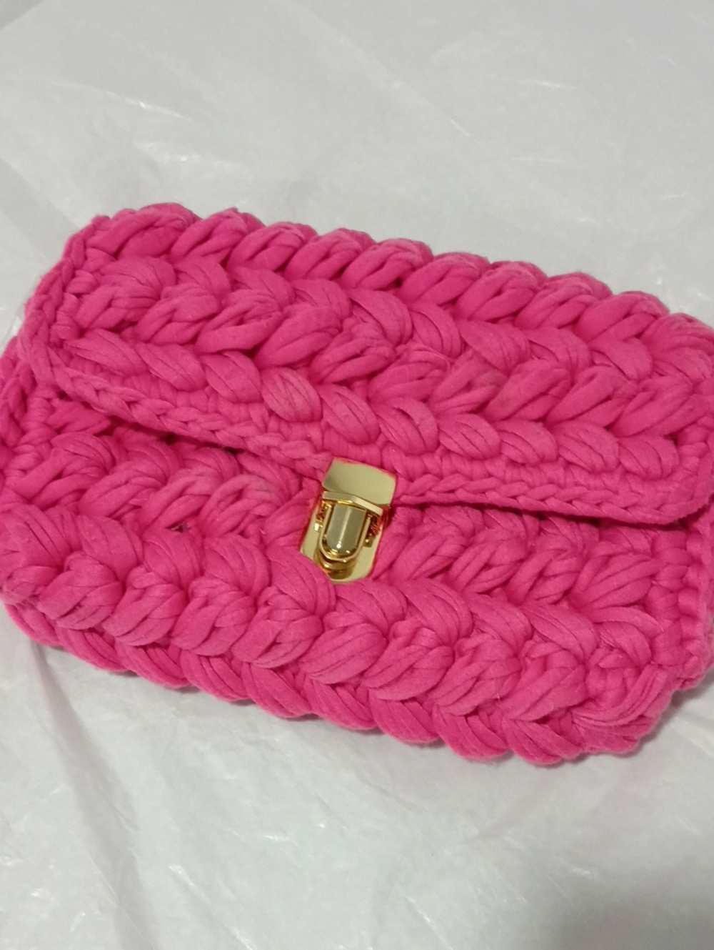 Handcrafted Bright Pink Crochet Purse Clutch Gold Push - Lock Stitch Pattern